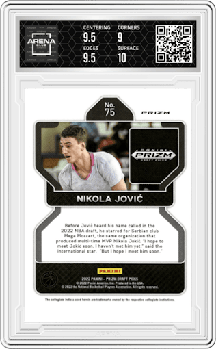 Nikola Jovic from the 2022-23 Panini Prizm Draft Picks set featuring a Venom parallel graded by Arena Club and given an overall grade of 9.5.