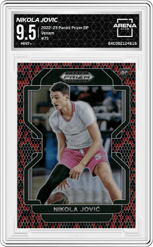Nikola Jovic from the 2022-23 Panini Prizm Draft Picks set featuring a Venom parallel graded by Arena Club and given an overall grade of 9.5.