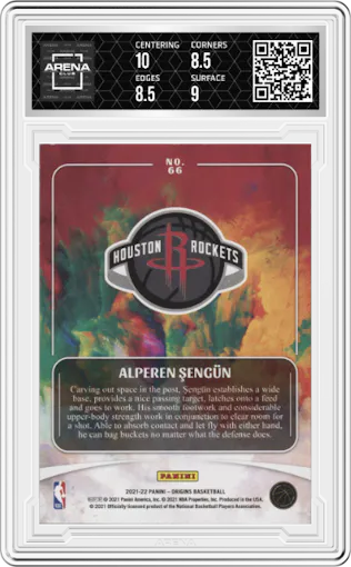 Alperen Sengun from the 2021-22 Panini Origins set featuring a Blue parallel graded by Arena Club and given an overall grade of 9.
