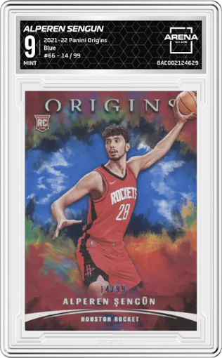 Alperen Sengun from the 2021-22 Panini Origins set featuring a Blue parallel graded by Arena Club and given an overall grade of 9.