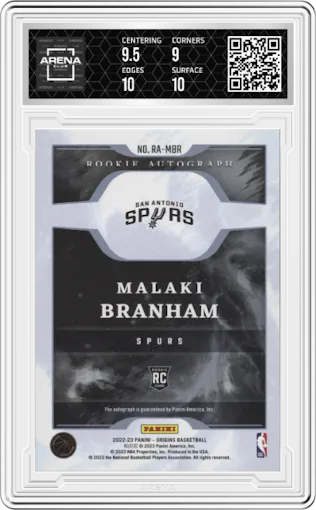 Malaki Branham from the 2022-23 Panini Origins set graded by Arena Club and given an overall grade of 9.5.