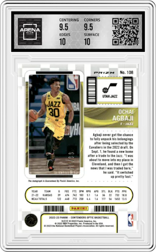Ochai Agbaji from the 2022-23 Panini Contenders Optic set featuring a Red parallel graded by Arena Club and given an overall grade of 10.
