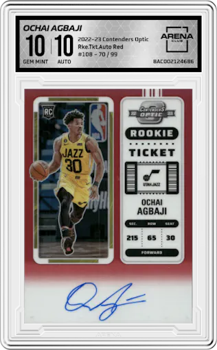 Ochai Agbaji from the 2022-23 Panini Contenders Optic set featuring a Red parallel graded by Arena Club and given an overall grade of 10.