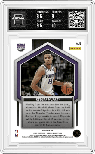 Keegan Murray from the 2022-23 Panini Mosaic set graded by Arena Club and given an overall grade of 9.