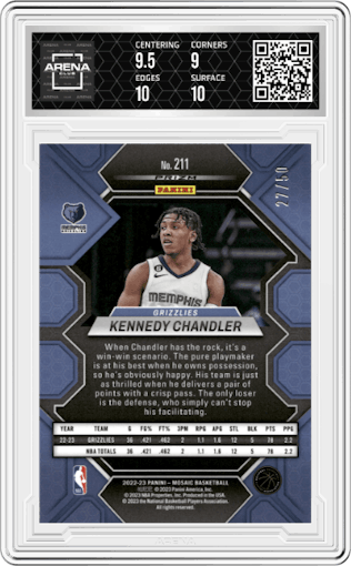 Kennedy Chandler from the 2022-23 Panini Mosaic set featuring a Fast Break Purple parallel graded by Arena Club and given an overall grade of 9.5.