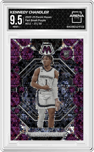 Kennedy Chandler from the 2022-23 Panini Mosaic set featuring a Fast Break Purple parallel graded by Arena Club and given an overall grade of 9.5.
