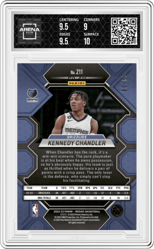 Kennedy Chandler from the 2022-23 Panini Mosaic set featuring a Fast Break Blue parallel graded by Arena Club and given an overall grade of 9.5.