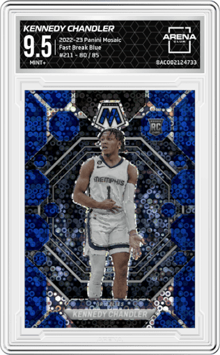 Kennedy Chandler from the 2022-23 Panini Mosaic set featuring a Fast Break Blue parallel graded by Arena Club and given an overall grade of 9.5.