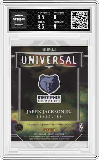Jaren Jackson Jr. from the 2023-24 Panini Origins set featuring a Pink parallel graded by Arena Club and given an overall grade of 8.5.