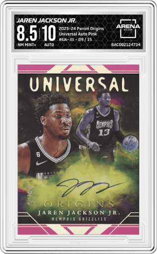 Jaren Jackson Jr. from the 2023-24 Panini Origins set featuring a Pink parallel graded by Arena Club and given an overall grade of 8.5.