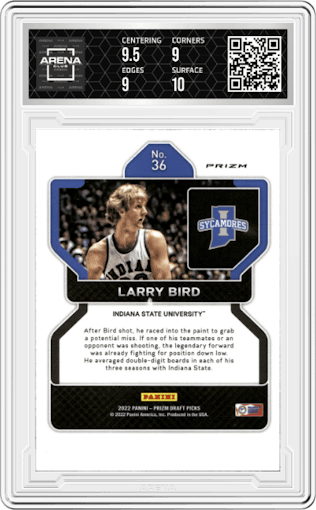 Larry Bird from the 2022-23 Panini Prizm Draft Picks set featuring a Venom parallel graded by Arena Club and given an overall grade of 9.5.