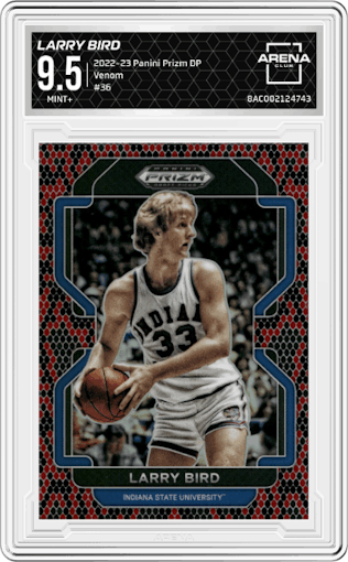 Larry Bird from the 2022-23 Panini Prizm Draft Picks set featuring a Venom parallel graded by Arena Club and given an overall grade of 9.5.