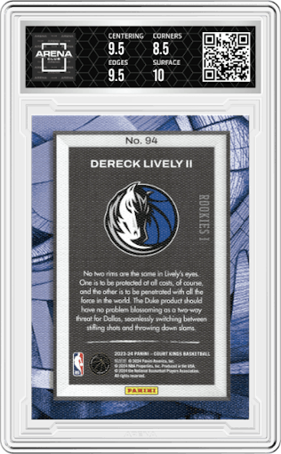 Dereck Lively II from the 2023-24 Panini Court Kings set graded by Arena Club and given an overall grade of 9.