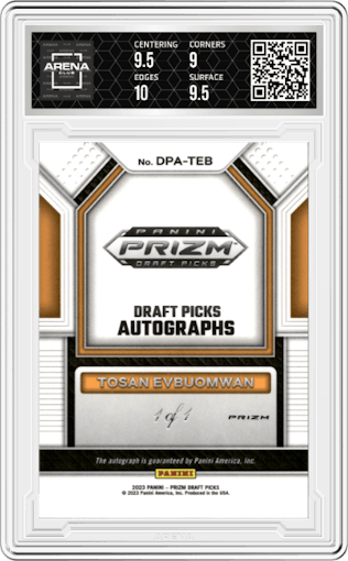 Tosan Evbuomwan from the 2023-24 Panini Prizm Draft Picks set featuring a Choice Nebula parallel graded by Arena Club and given an overall grade of 9.5.