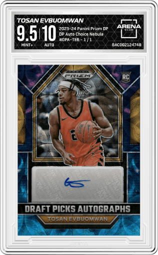 Tosan Evbuomwan from the 2023-24 Panini Prizm Draft Picks set featuring a Choice Nebula parallel graded by Arena Club and given an overall grade of 9.5.