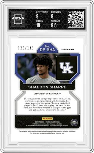 Shaedon Sharpe from the 2022-23 Panini Prizm Draft Picks set featuring a Blue Prizm parallel graded by Arena Club and given an overall grade of 9.5.