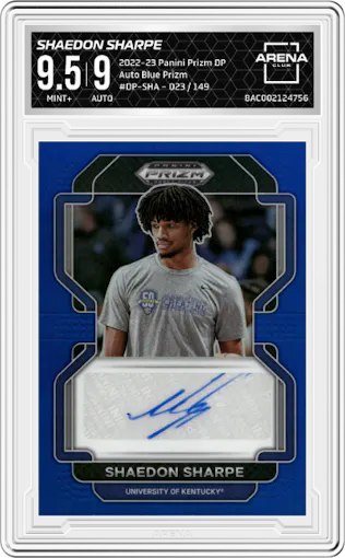 Shaedon Sharpe from the 2022-23 Panini Prizm Draft Picks set featuring a Blue Prizm parallel graded by Arena Club and given an overall grade of 9.5.