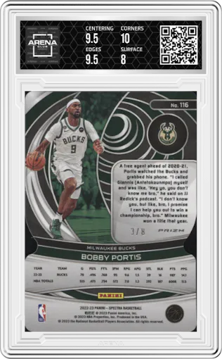 Bobby Portis from the 2022-23 Panini Spectra set featuring a Universal Die-Cut parallel graded by Arena Club and given an overall grade of 8.5.