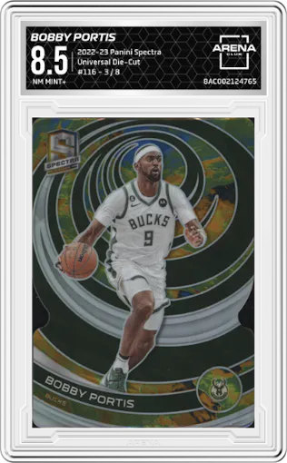 Bobby Portis from the 2022-23 Panini Spectra set featuring a Universal Die-Cut parallel graded by Arena Club and given an overall grade of 8.5.
