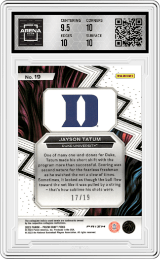 Jayson Tatum from the 2023-24 Panini Prizm Draft Picks set featuring a Blue Shimmer FOTL  parallel graded by Arena Club and given an overall grade of 10.