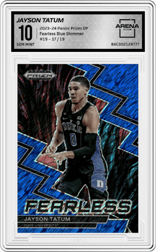 Jayson Tatum from the 2023-24 Panini Prizm Draft Picks set featuring a Blue Shimmer FOTL  parallel graded by Arena Club and given an overall grade of 10.
