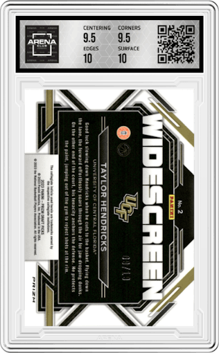 Taylor Hendricks from the 2023-24 Panini Prizm Draft Picks set featuring a Blue Shimmer FOTL parallel graded by Arena Club and given an overall grade of 10.