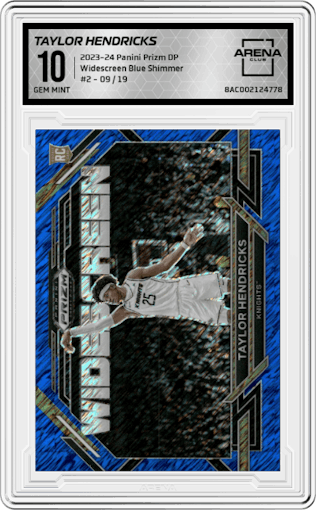 Taylor Hendricks from the 2023-24 Panini Prizm Draft Picks set featuring a Blue Shimmer FOTL parallel graded by Arena Club and given an overall grade of 10.