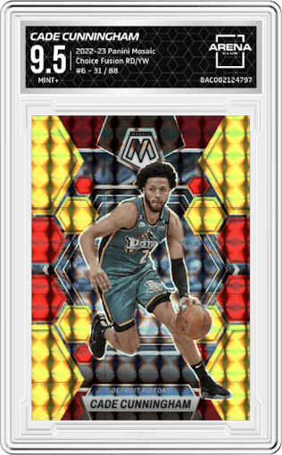 Cade Cunningham from the 2022-23 Panini Mosaic set featuring a Choice Fusion Red and Yellow parallel graded by Arena Club and given an overall grade of 9.5.