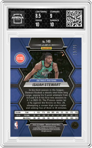 Isaiah Stewart from the 2022-23 Panini Mosaic set featuring a Choice Fusion Green parallel graded by Arena Club and given an overall grade of 9.