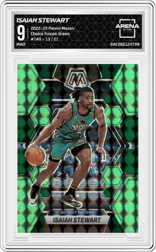 Isaiah Stewart from the 2022-23 Panini Mosaic set featuring a Choice Fusion Green parallel graded by Arena Club and given an overall grade of 9.