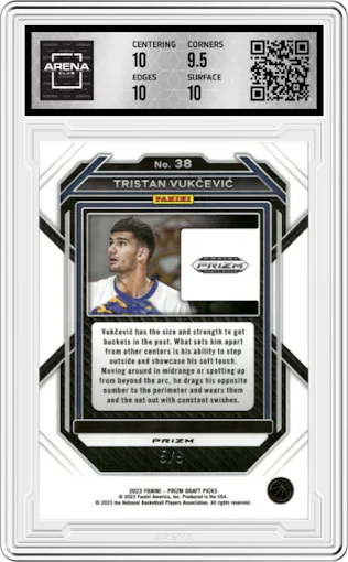 Tristan Vukcevic from the 2023-24 Panini Prizm Draft Picks set featuring a Red Shimmer FOTL parallel graded by Arena Club and given an overall grade of 10.