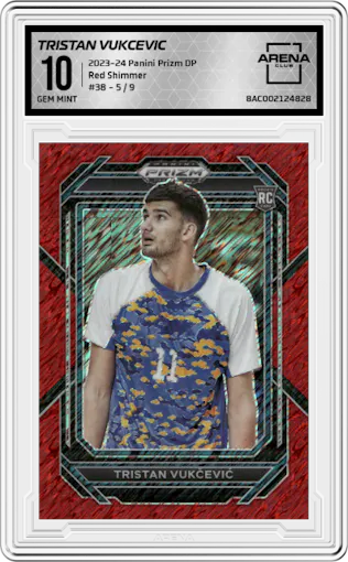 Tristan Vukcevic from the 2023-24 Panini Prizm Draft Picks set featuring a Red Shimmer FOTL parallel graded by Arena Club and given an overall grade of 10.