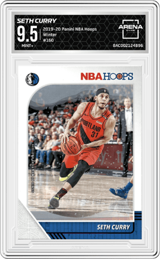 Seth Curry from the 2019-20 Panini NBA Hoops set featuring a Winter parallel graded by Arena Club and given an overall grade of 9.5.