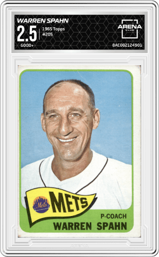 Warren Spahn from the 1965 Topps set graded by Arena Club and given an overall grade of 2.5.