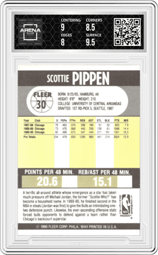 Scottie Pippen from the 1990-91 Fleer set graded by Arena Club and given an overall grade of 8.5.