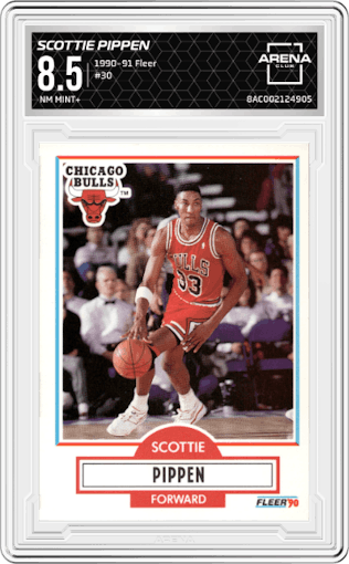 Scottie Pippen from the 1990-91 Fleer set graded by Arena Club and given an overall grade of 8.5.