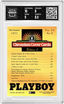 September 1977 from the 1995 Playboy Chromium Cover Cards set graded by Arena Club and given an overall grade of 8.5.
