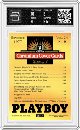 September 1977 from the 1995 Playboy Chromium Cover Cards set graded by Arena Club and given an overall grade of 8.5.