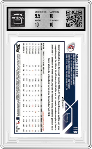 Shane Bieber from the 2023 Topps Chrome set featuring a Gold Refractor parallel graded by Arena Club and given an overall grade of 10.