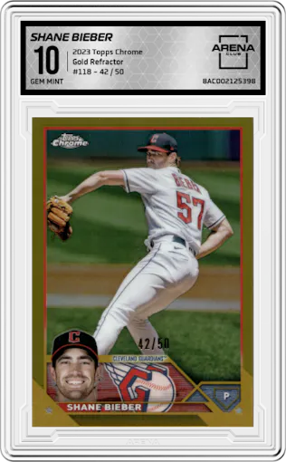 Shane Bieber from the 2023 Topps Chrome set featuring a Gold Refractor parallel graded by Arena Club and given an overall grade of 10.
