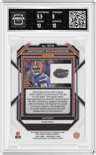 Anthony Richardson from the 2023 Panini Prizm Draft Picks set featuring a Red Ice parallel graded by Arena Club and given an overall grade of 9.5.