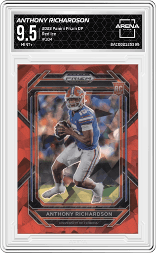 Anthony Richardson from the 2023 Panini Prizm Draft Picks set featuring a Red Ice parallel graded by Arena Club and given an overall grade of 9.5.