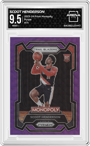 Scoot Henderson from the 2023-24 Panini Prizm Monopoly set featuring a Purple  parallel graded by Arena Club and given an overall grade of 9.5.