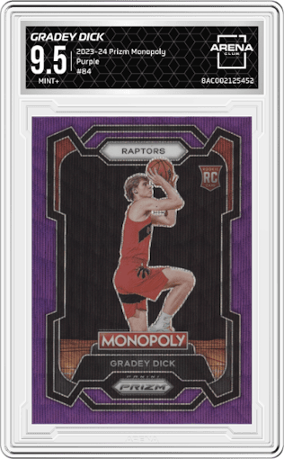 Gradey Dick from the 2023-24 Panini Prizm Monopoly set featuring a Purple  parallel graded by Arena Club and given an overall grade of 9.5.