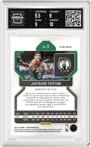 Jayson Tatum from the 2021-22 Panini Prizm  set featuring a Fast Break parallel graded by Arena Club and given an overall grade of 9.5.