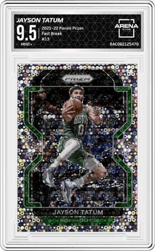 Jayson Tatum from the 2021-22 Panini Prizm  set featuring a Fast Break parallel graded by Arena Club and given an overall grade of 9.5.