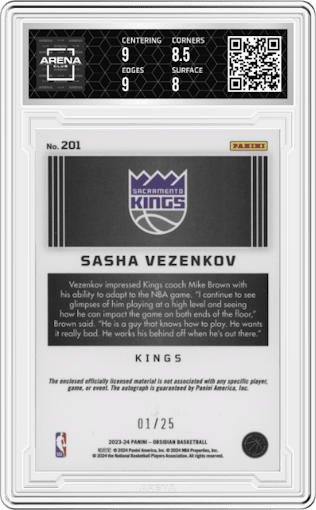 Sasha Vezenkov from the 2023-24 Panini Obsidian set featuring a Electric Etch Green parallel graded by Arena Club and given an overall grade of 8.5.