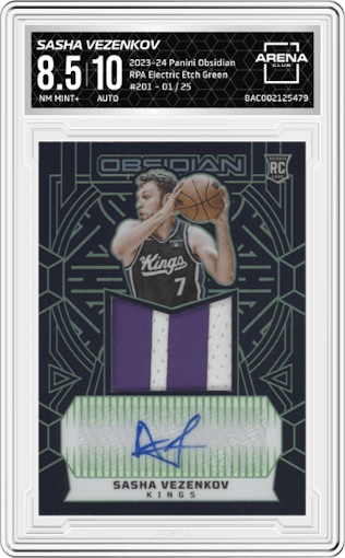 Sasha Vezenkov from the 2023-24 Panini Obsidian set featuring a Electric Etch Green parallel graded by Arena Club and given an overall grade of 8.5.