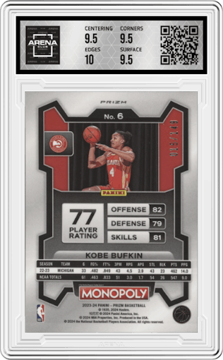 Kobe Bufkin from the 2023-24 Panini Prizm Monopoly set featuring a Pink parallel graded by Arena Club and given an overall grade of 10.