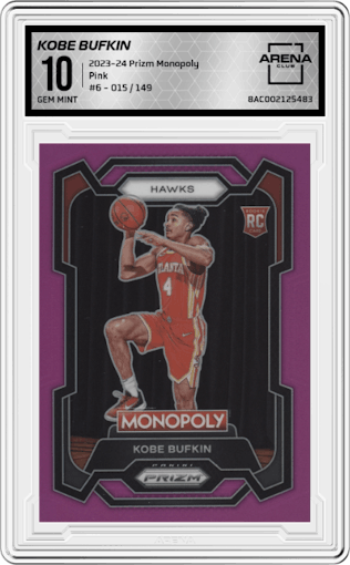 Kobe Bufkin from the 2023-24 Panini Prizm Monopoly set featuring a Pink parallel graded by Arena Club and given an overall grade of 10.